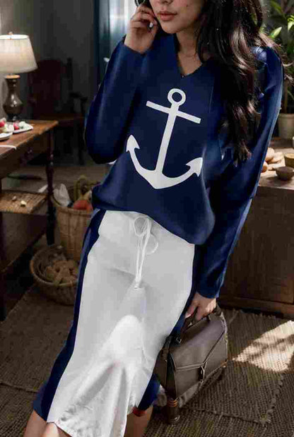 anchor print v neck long sleeve t shirt trousers two piece suit 100834