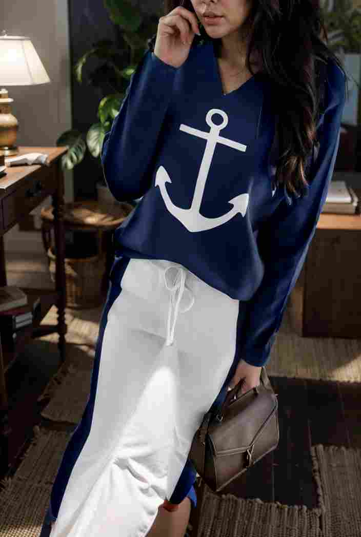 anchor print v neck long sleeve t shirt trousers two piece suit 104817