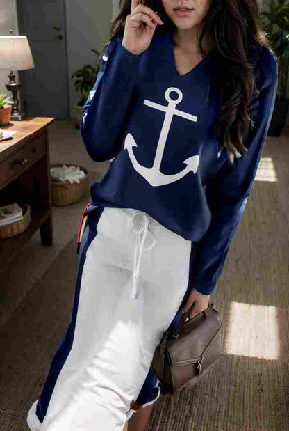 anchor print v neck long sleeve t shirt trousers two piece suit 111771