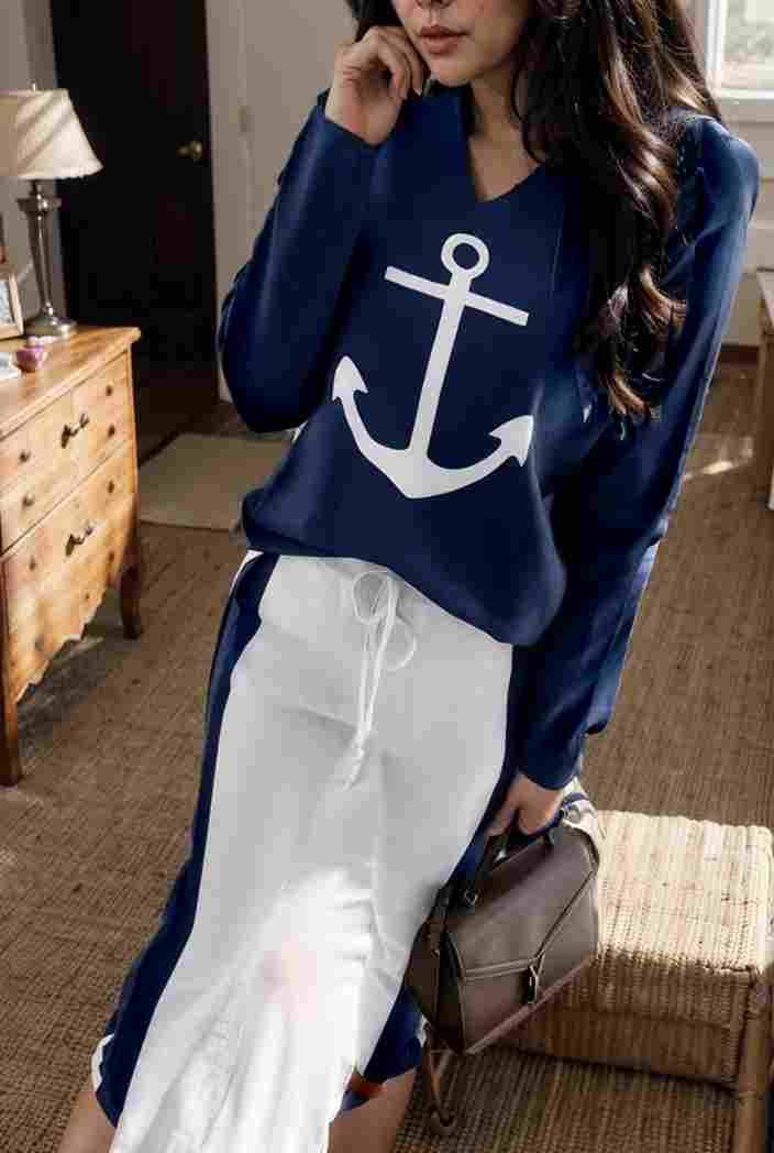 anchor print v neck long sleeve t shirt trousers two piece suit 145412