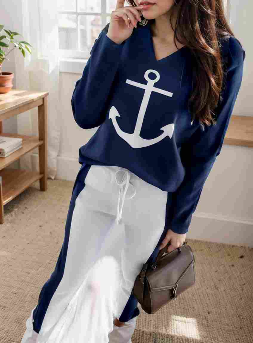 anchor print v neck long sleeve t shirt trousers two piece suit 102600