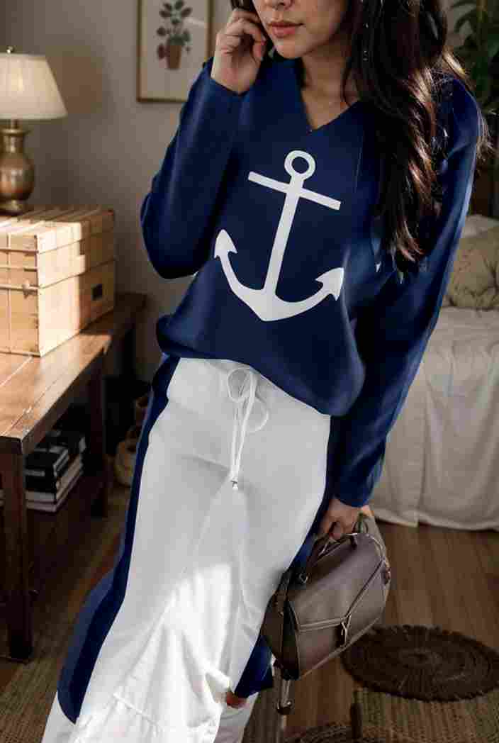 anchor print v neck long sleeve t shirt trousers two piece suit 112651