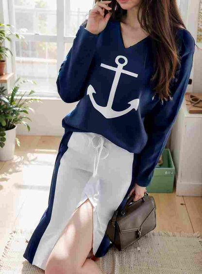 anchor print v neck long sleeve t shirt trousers two piece suit 119923