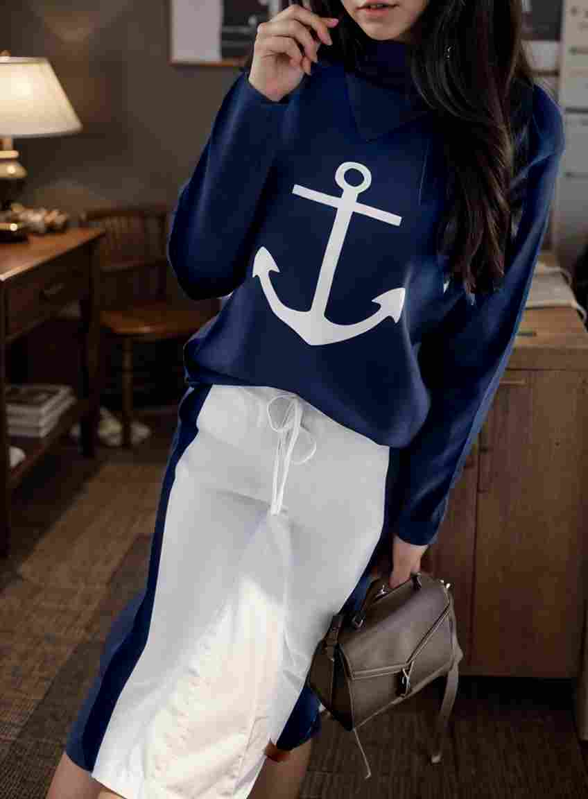 anchor print v neck long sleeve t shirt trousers two piece suit 123491