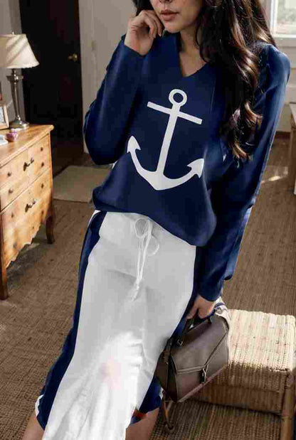 anchor print v neck long sleeve t shirt trousers two piece suit 143465