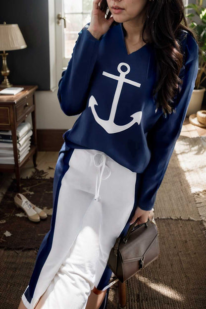 anchor print v neck long sleeve t shirt trousers two piece suit 111086