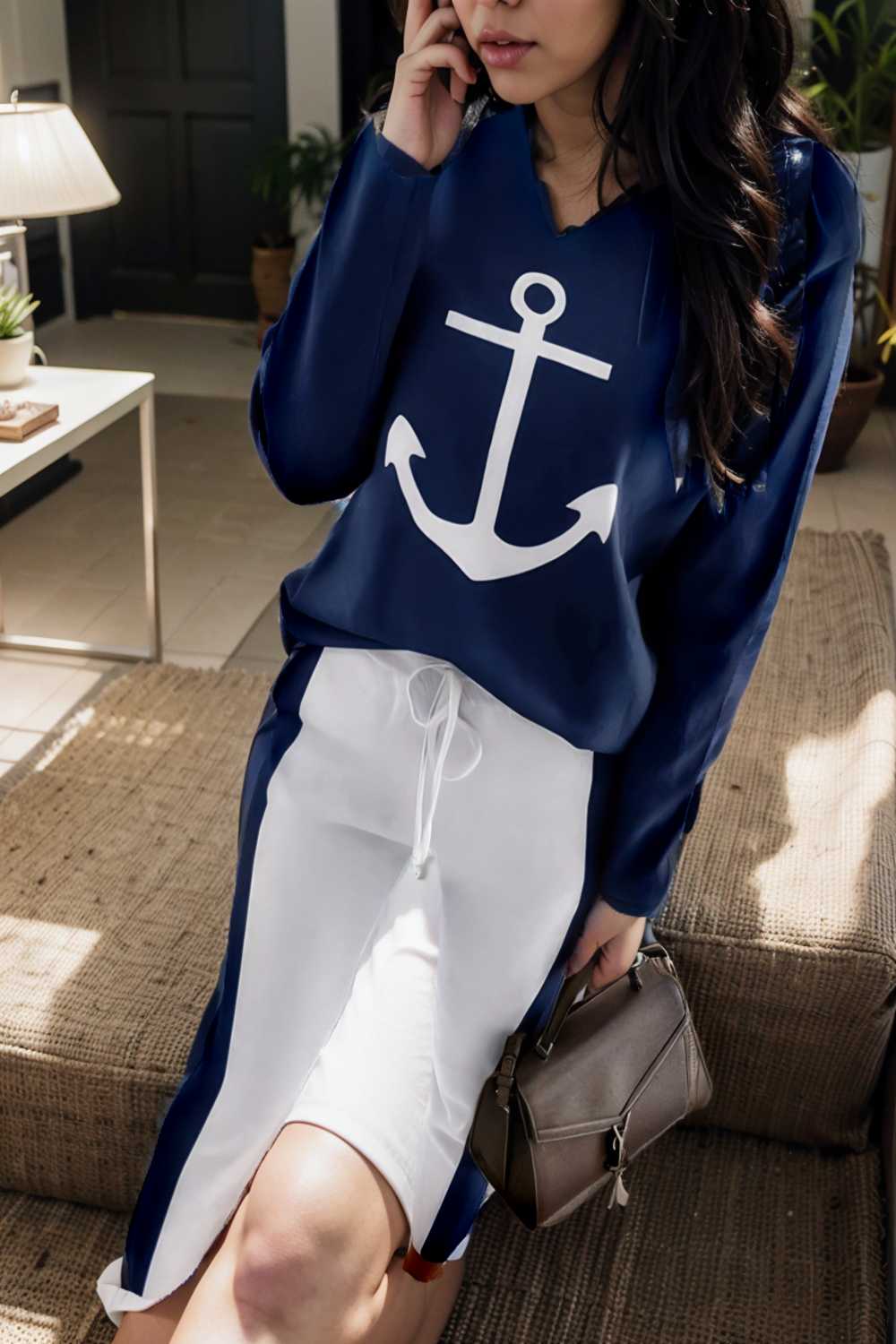 anchor print v neck long sleeve t shirt trousers two piece suit 122969