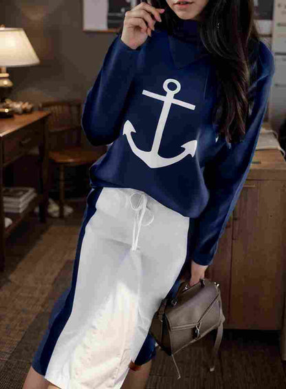 anchor print v neck long sleeve t shirt trousers two piece suit 146973