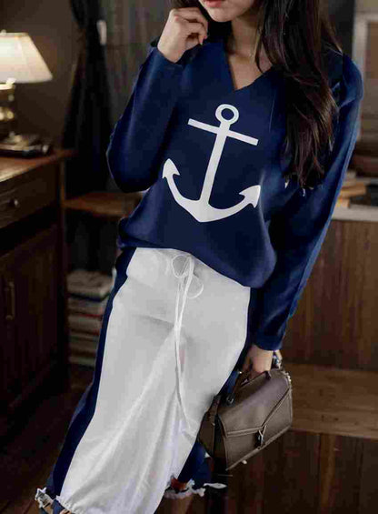 anchor print v neck long sleeve t shirt trousers two piece suit 100010