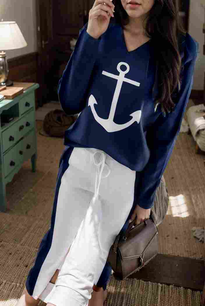 anchor print v neck long sleeve t shirt trousers two piece suit 133994