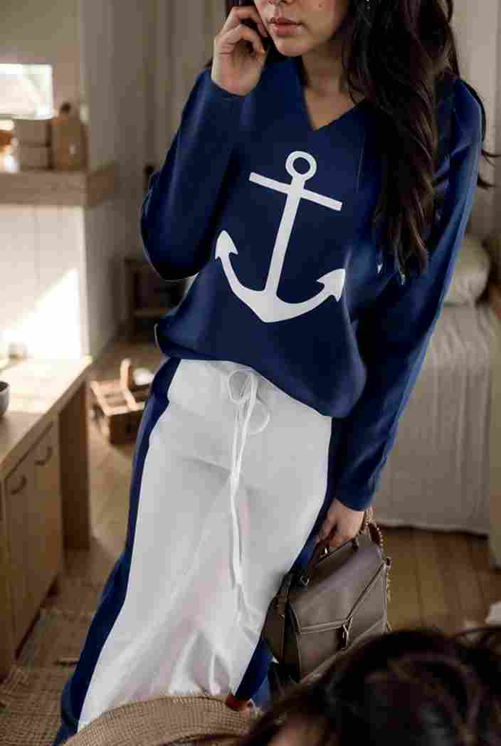 anchor print v neck long sleeve t shirt trousers two piece suit 133690