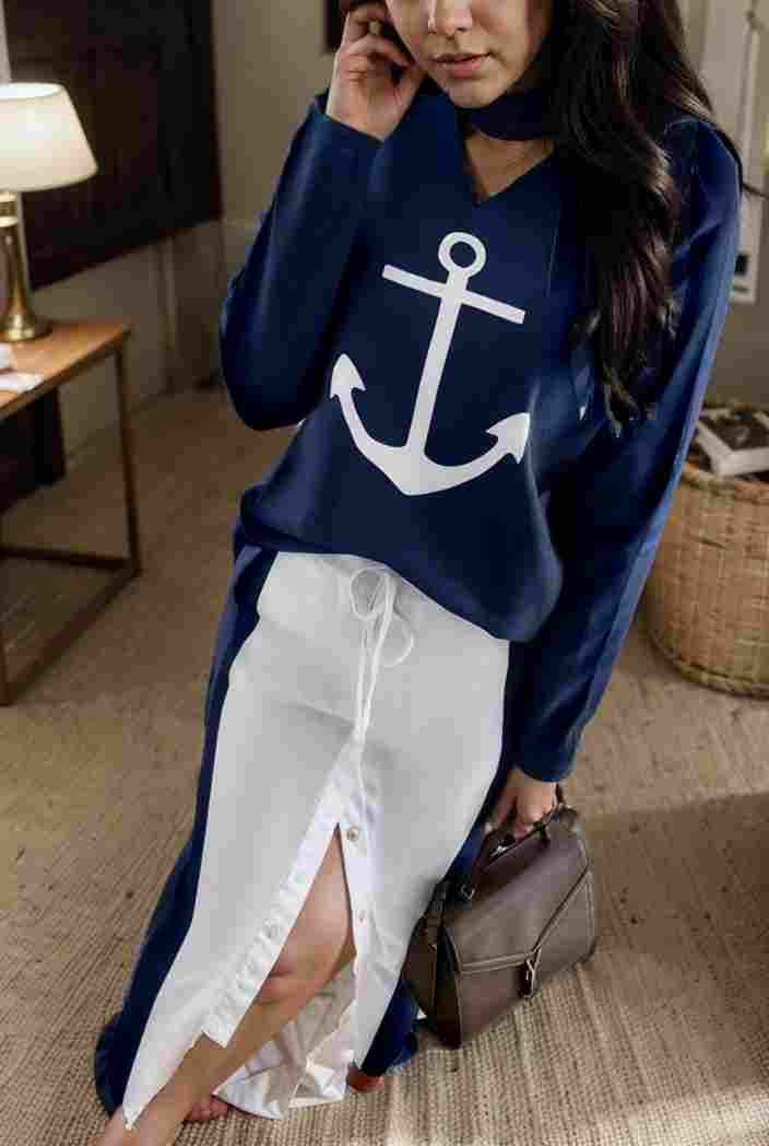 anchor print v neck long sleeve t shirt trousers two piece suit 106751