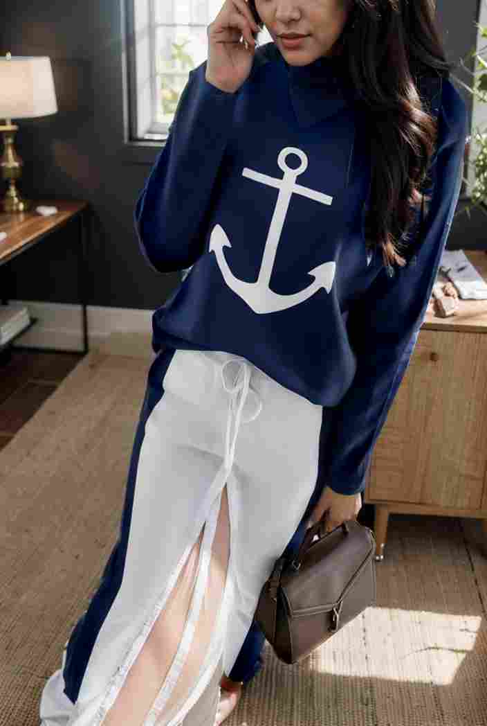 anchor print v neck long sleeve t shirt trousers two piece suit 121795