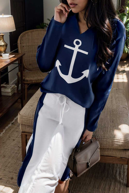 anchor print v neck long sleeve t shirt trousers two piece suit 122968