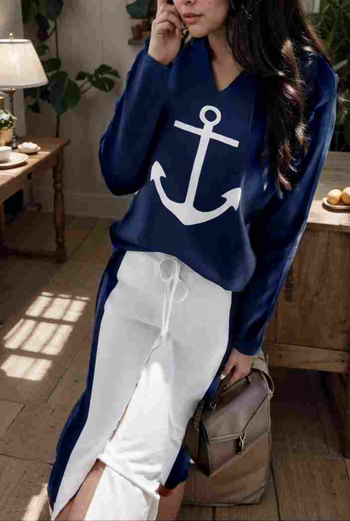 anchor print v neck long sleeve t shirt trousers two piece suit 126648