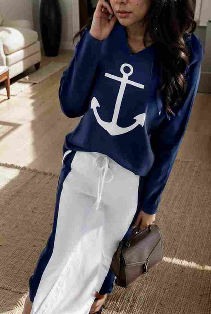 anchor print v neck long sleeve t shirt trousers two piece suit 147127