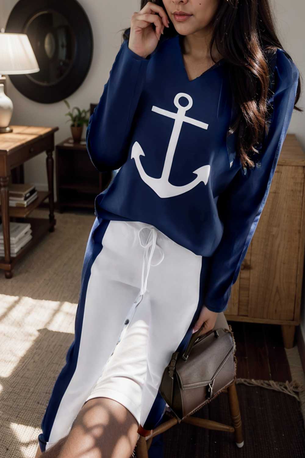 anchor print v neck long sleeve t shirt trousers two piece suit 120365