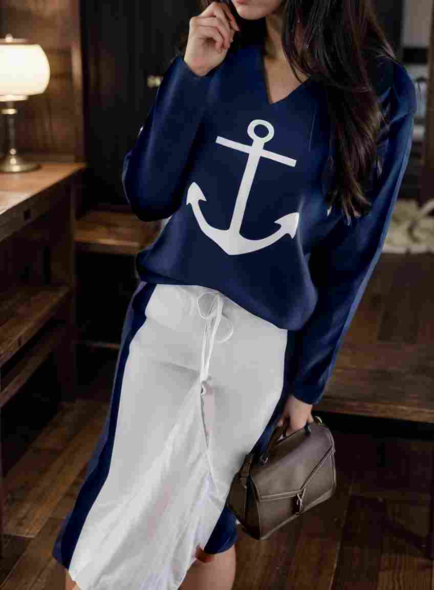 anchor print v neck long sleeve t shirt trousers two piece suit 100011