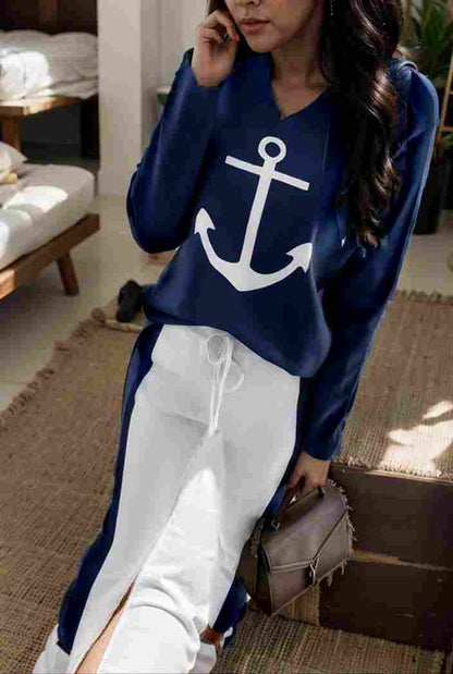 anchor print v neck long sleeve t shirt trousers two piece suit 114731