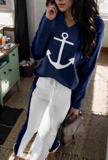 anchor print v neck long sleeve t shirt trousers two piece suit 100010