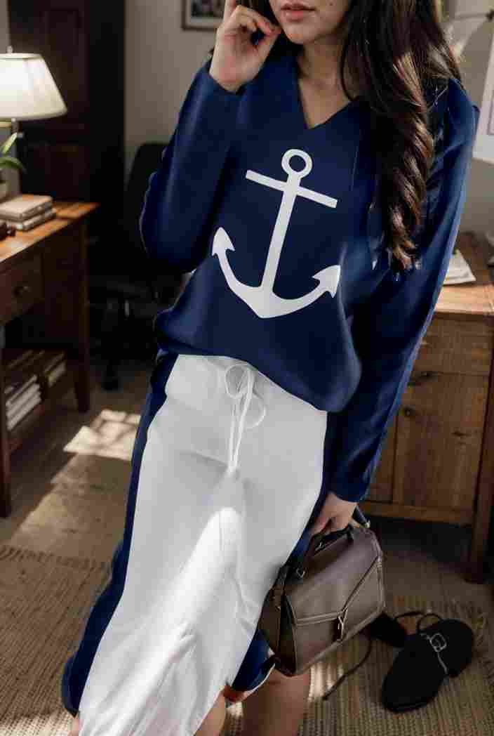 anchor print v neck long sleeve t shirt trousers two piece suit 128437