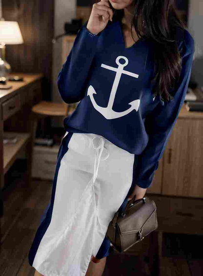 anchor print v neck long sleeve t shirt trousers two piece suit 100012