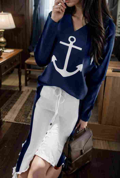 anchor print v neck long sleeve t shirt trousers two piece suit 147125