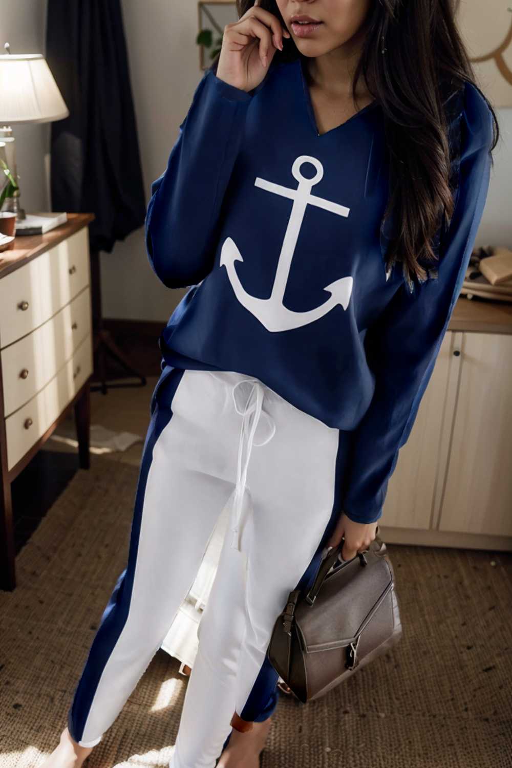 anchor print v neck long sleeve t shirt trousers two piece suit 122966