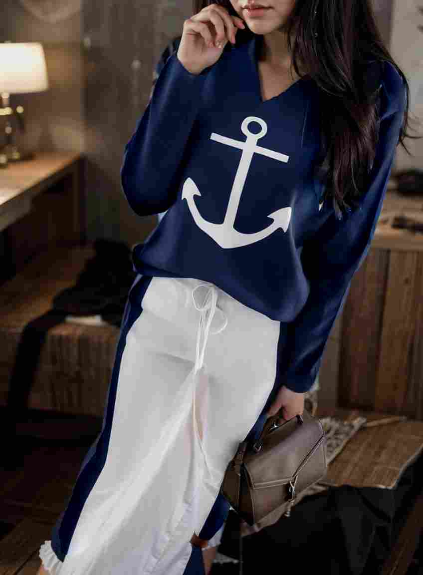 anchor print v neck long sleeve t shirt trousers two piece suit 100013