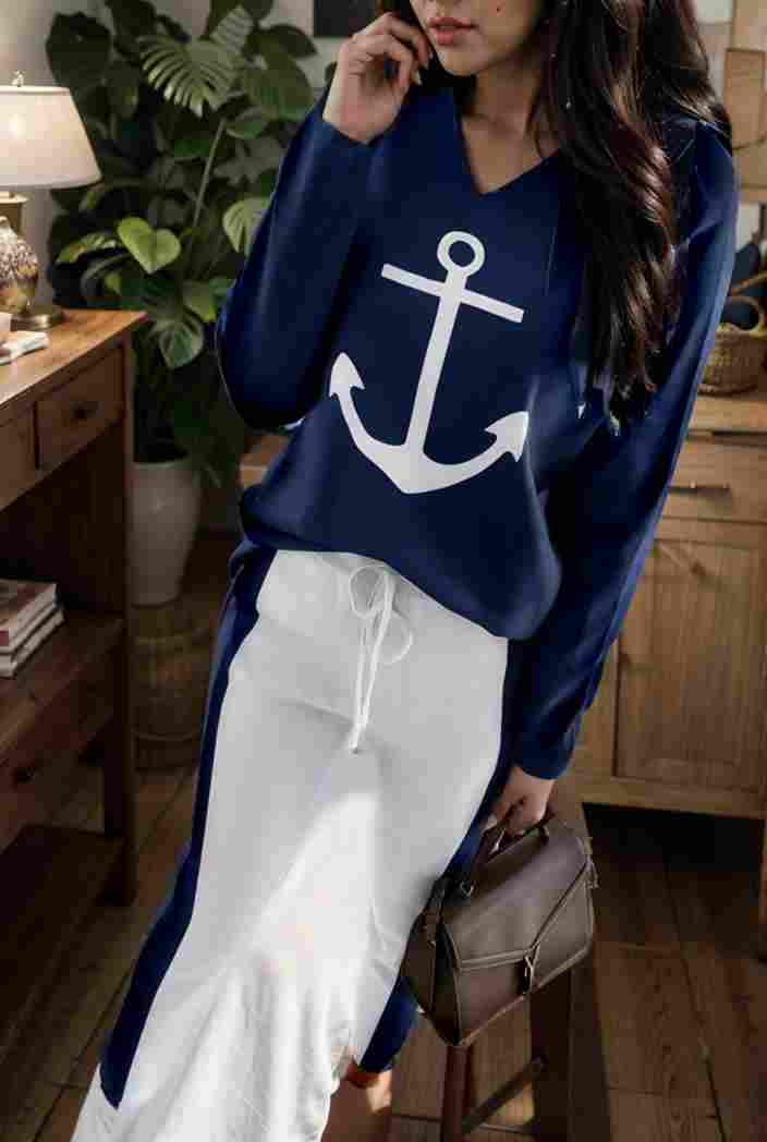 anchor print v neck long sleeve t shirt trousers two piece suit 132565