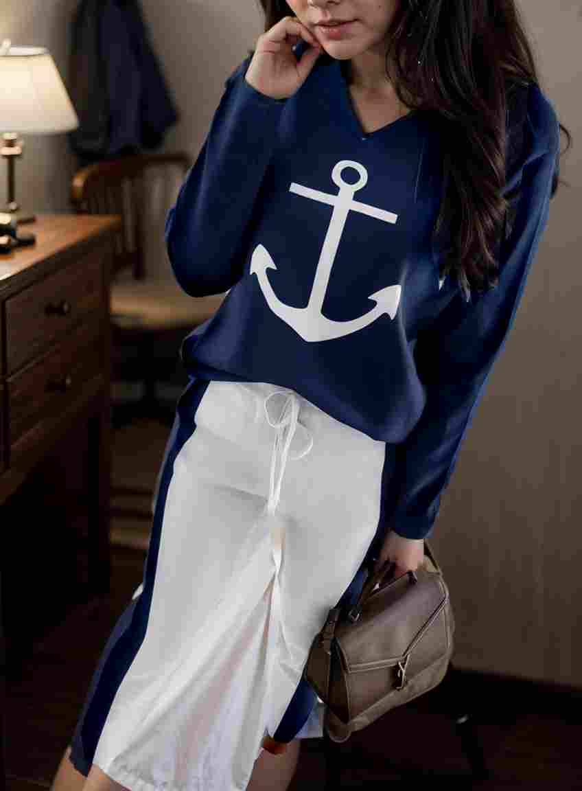 anchor print v neck long sleeve t shirt trousers two piece suit 100014