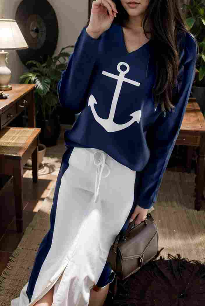 anchor print v neck long sleeve t shirt trousers two piece suit 125298