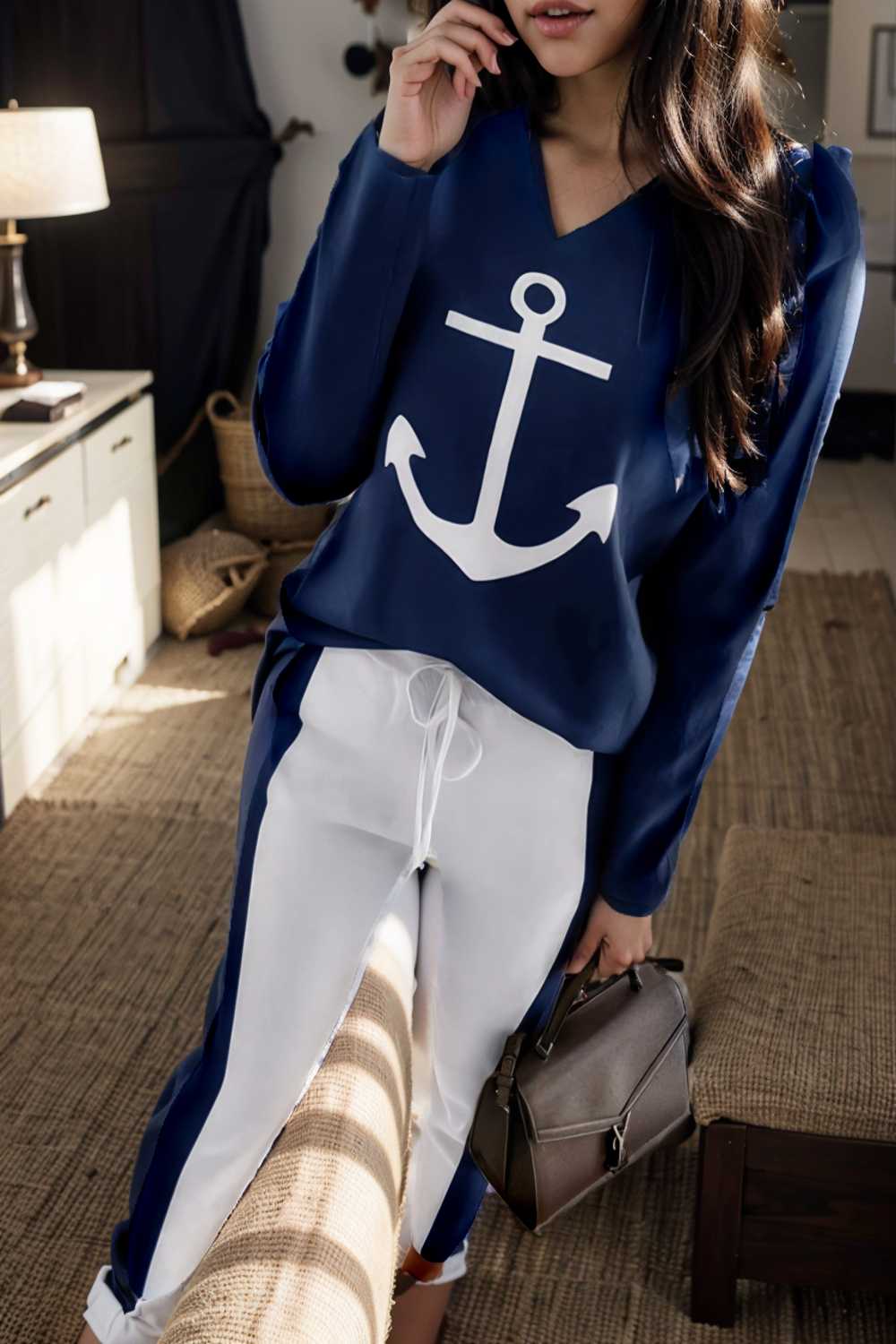 anchor print v neck long sleeve t shirt trousers two piece suit 122964