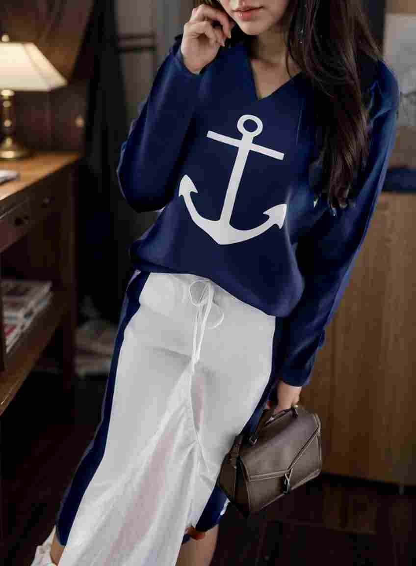 anchor print v neck long sleeve t shirt trousers two piece suit 100015