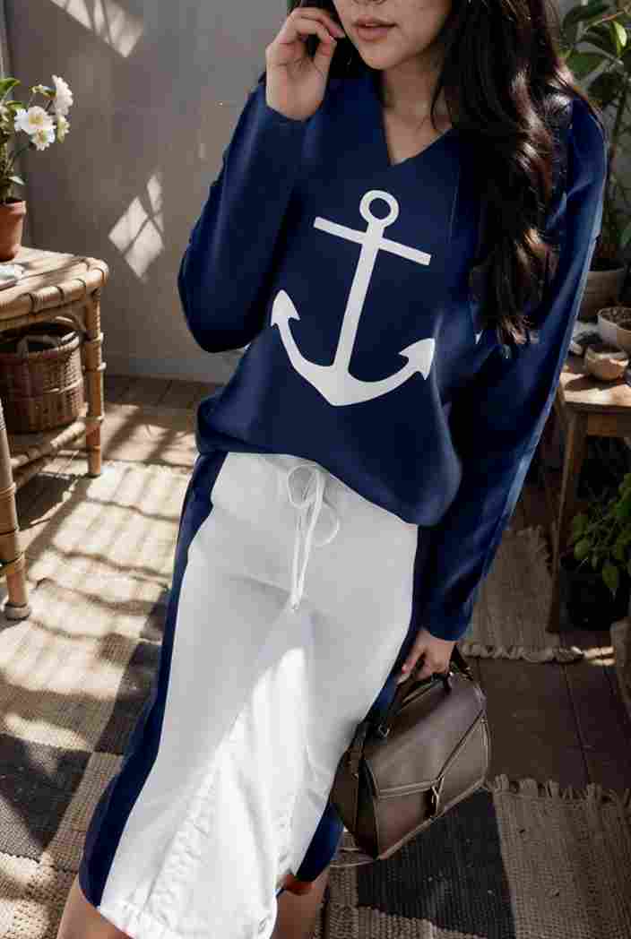 anchor print v neck long sleeve t shirt trousers two piece suit 125299