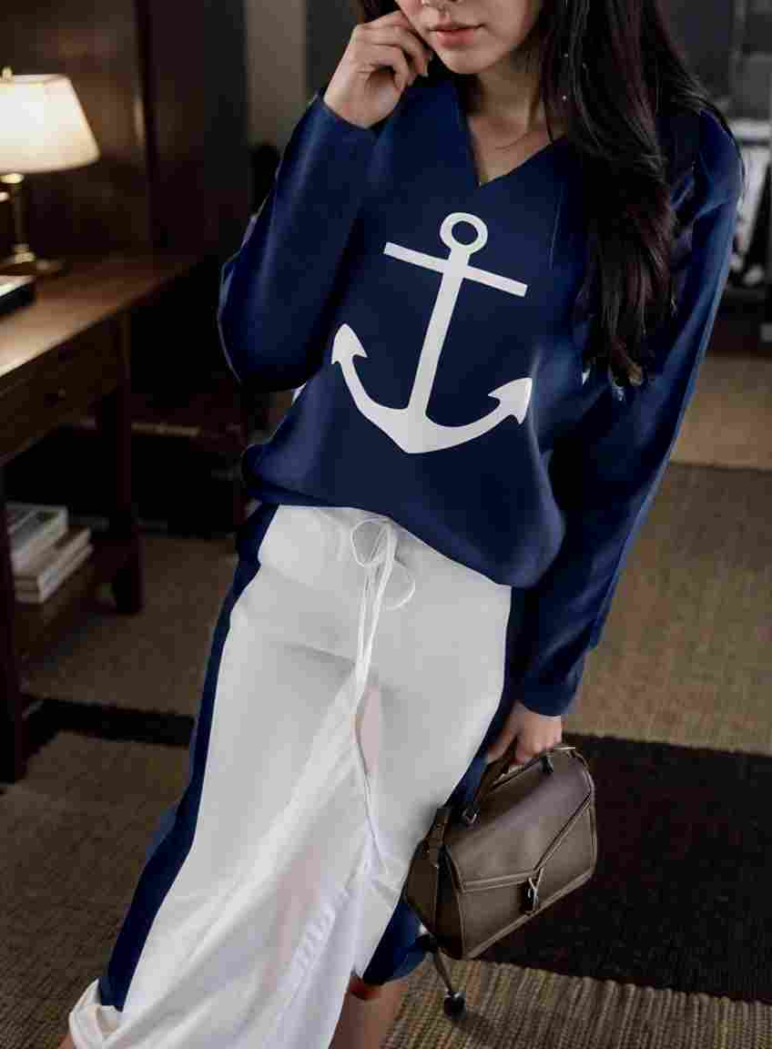 anchor print v neck long sleeve t shirt trousers two piece suit 100016