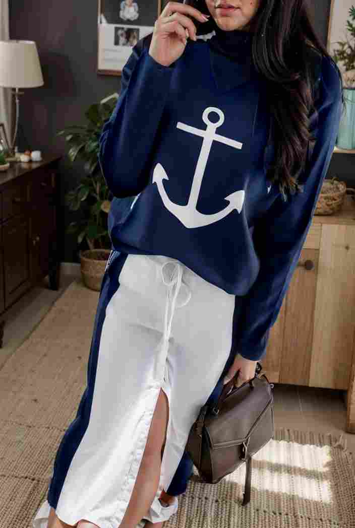 anchor print v neck long sleeve t shirt trousers two piece suit 124343