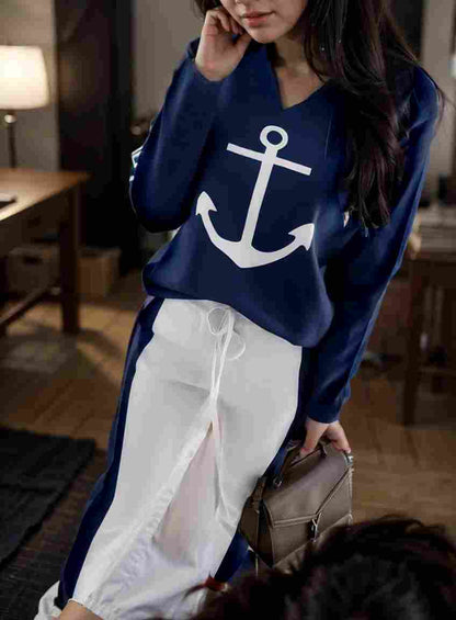 anchor print v neck long sleeve t shirt trousers two piece suit 100017