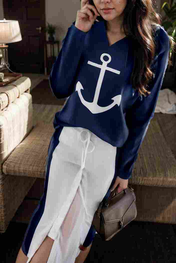 anchor print v neck long sleeve t shirt trousers two piece suit 133951