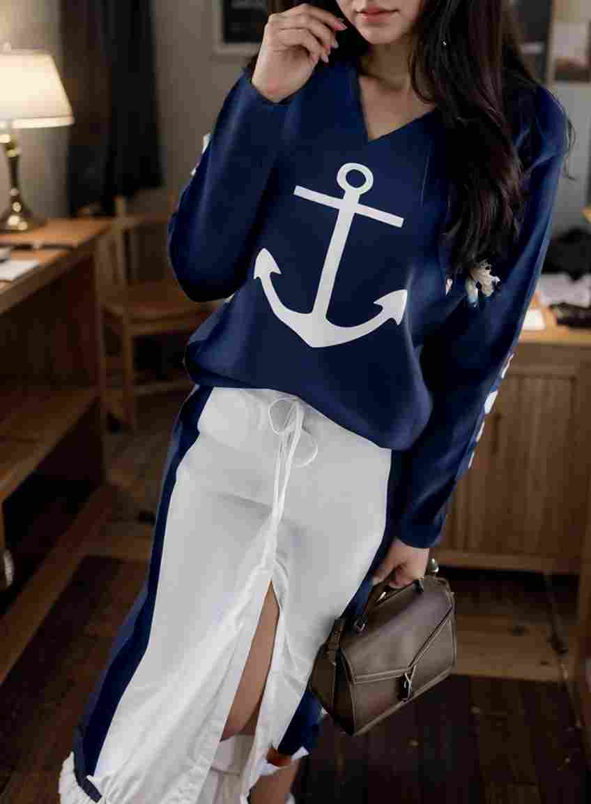 anchor print v neck long sleeve t shirt trousers two piece suit 100018