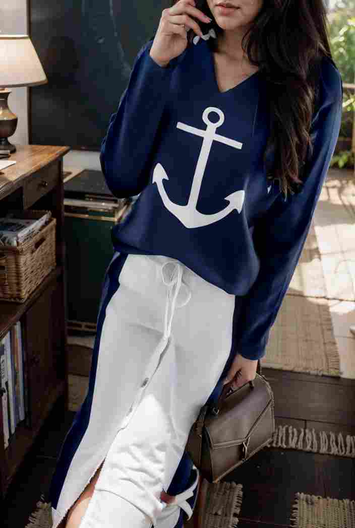 anchor print v neck long sleeve t shirt trousers two piece suit 112660