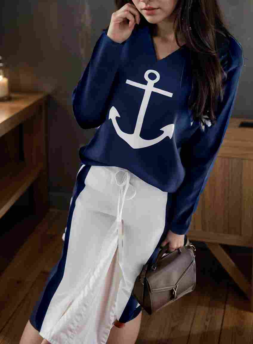 anchor print v neck long sleeve t shirt trousers two piece suit 100019