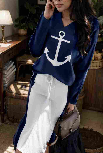 anchor print v neck long sleeve t shirt trousers two piece suit 118000