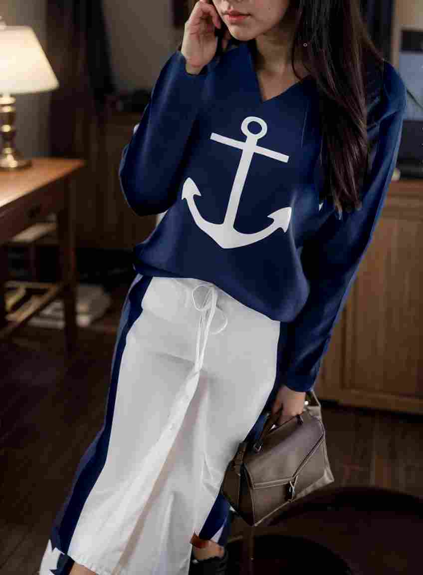 anchor print v neck long sleeve t shirt trousers two piece suit 100020