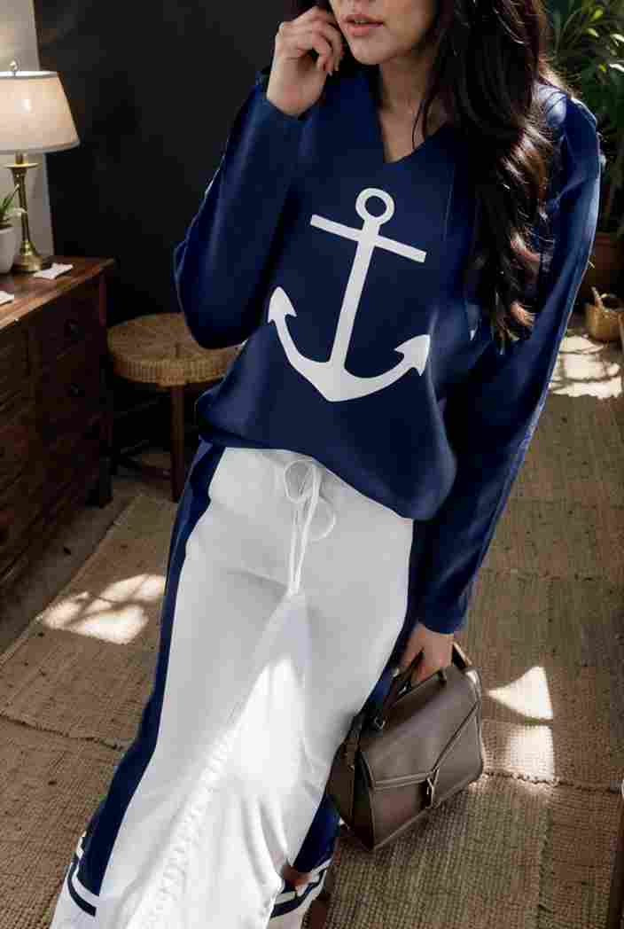 anchor print v neck long sleeve t shirt trousers two piece suit 117999