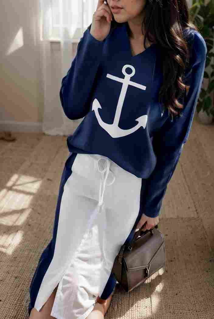 anchor print v neck long sleeve t shirt trousers two piece suit 114741