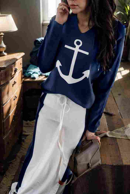 anchor print v neck long sleeve t shirt trousers two piece suit 114742