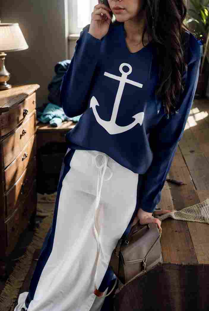 anchor print v neck long sleeve t shirt trousers two piece suit 125306