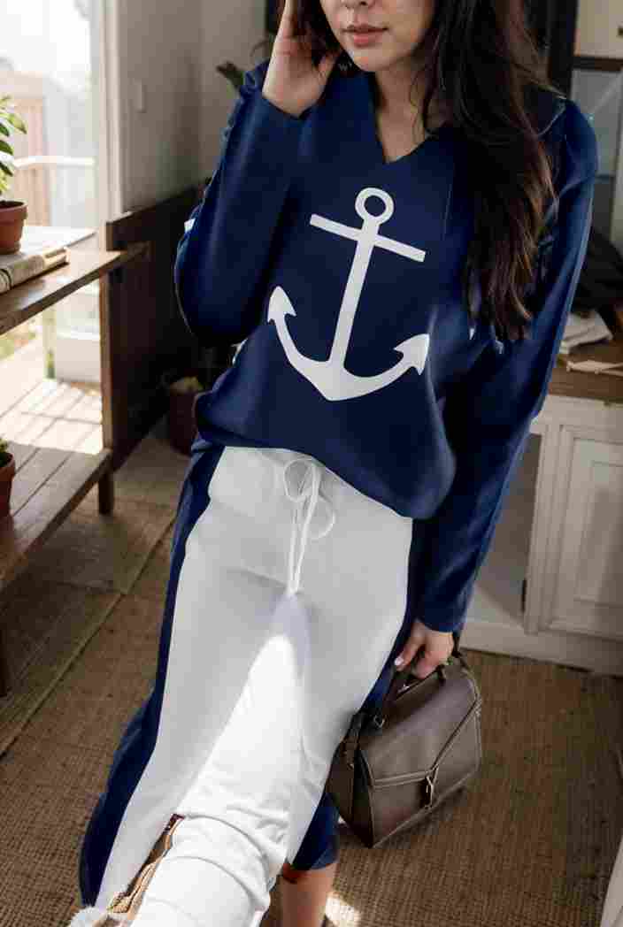 anchor print v neck long sleeve t shirt trousers two piece suit 114743