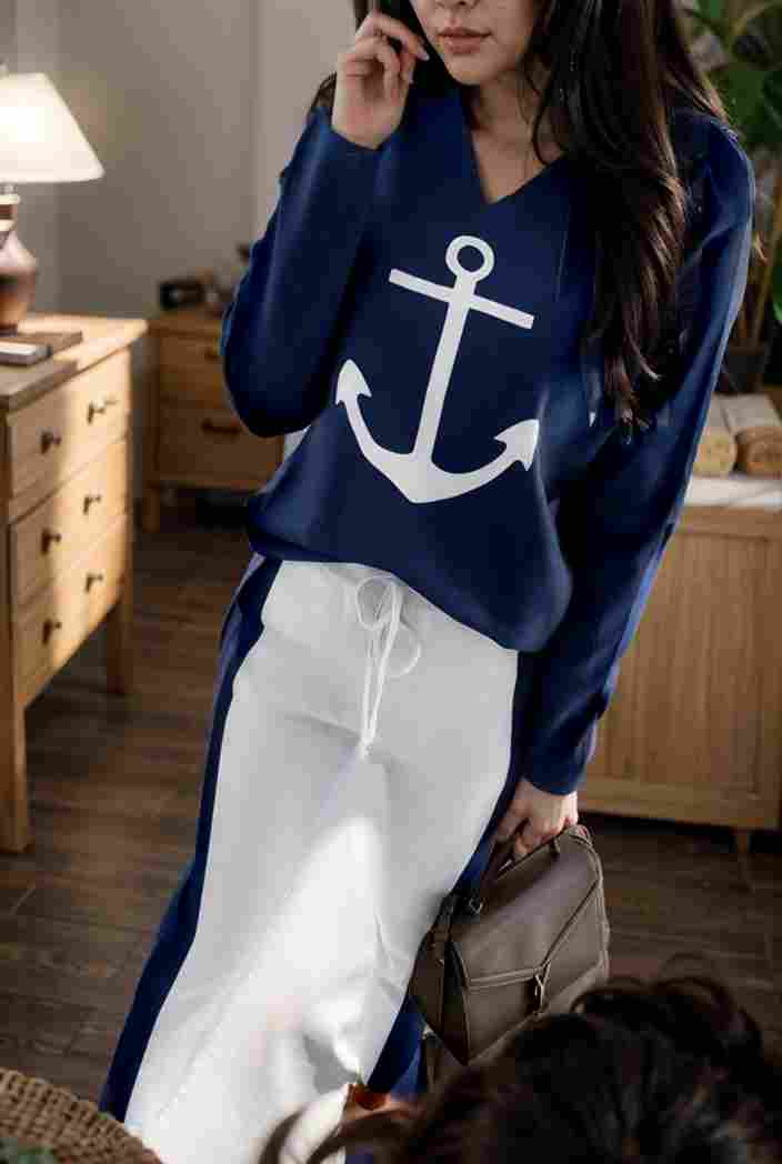 anchor print v neck long sleeve t shirt trousers two piece suit 114744